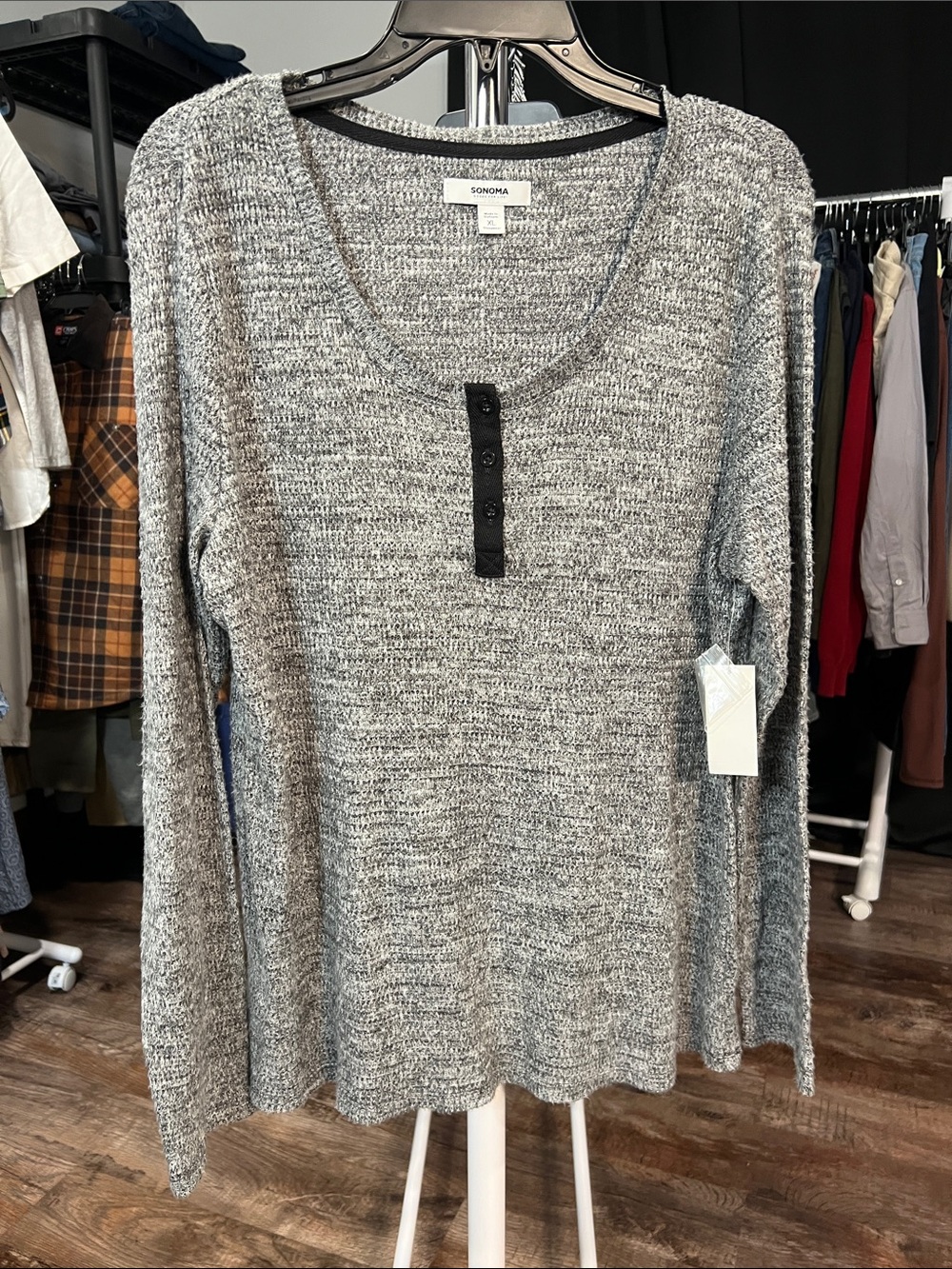 Sonoma Gray Marled Long Sleeve Henley Top with Black Placket